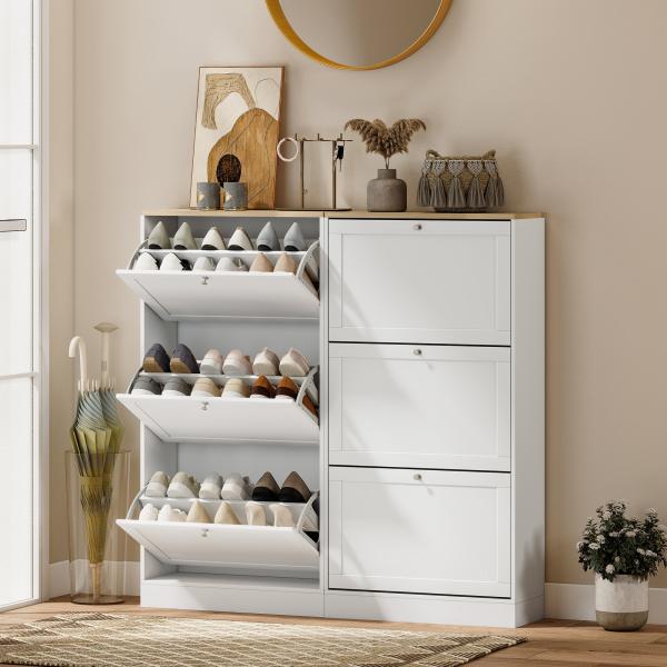 Móvel Sapateira de Entrada com 3 Gavetas Basculantes e Prateleiras Ajustáveis para 18 Pares de Sapatos 60x23,5x115 cm Branco