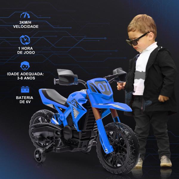 Mota Elétrica para Crianças Moto a Bateria para Crianças 6V com Rodas de Treino e Buzina 105x57x62 cm Azul