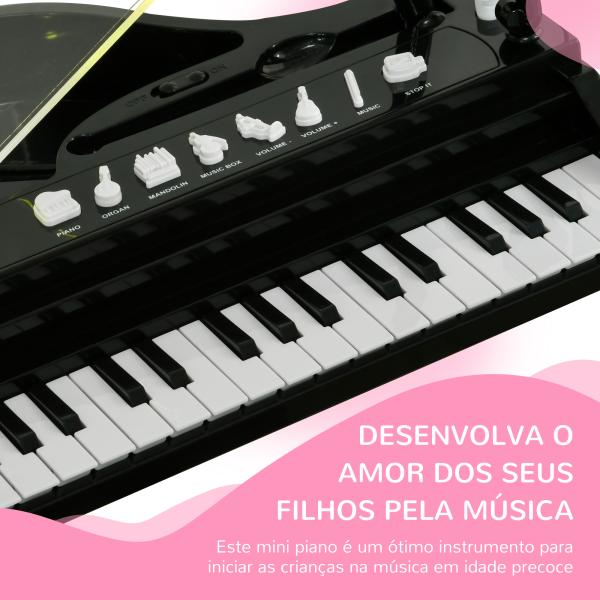 Piano Eletrónico para Crianças com 32 Teclas Microfone banco Luzes 22 Músicas 4 Tons e Volume Ajustável 37x30,5x60,4 cm Preto