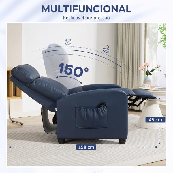 Poltrona de Massagem Reclinável com 2 Zonas de Massagem 8 Programas e 5 Níveis de Intensidade 68x88x98 cm Azul Escuro