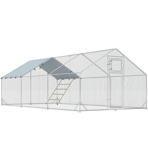 Galinheiro para Exterior 3x6 m Galinheiro de Aço Galvanizado com Comedouro Suspenso Tipo Espeto Poleiro Anti - UV Prata