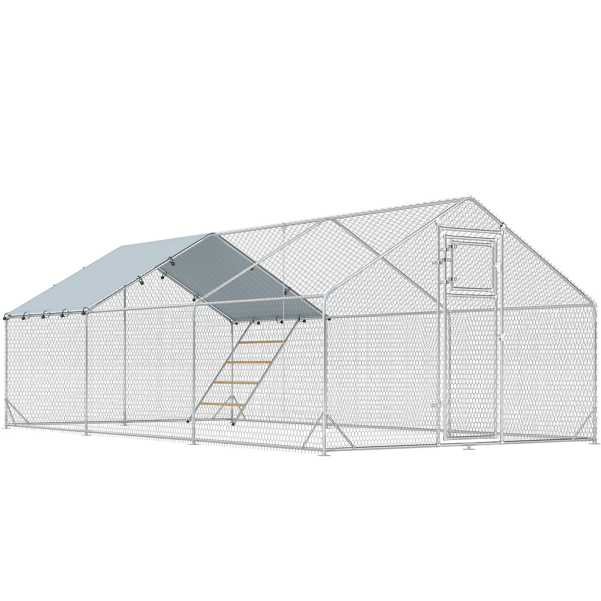 Galinheiro para Exterior 3x6 m Galinheiro de Aço Galvanizado com Comedouro Suspenso Tipo Espeto Poleiro Anti - UV Prata