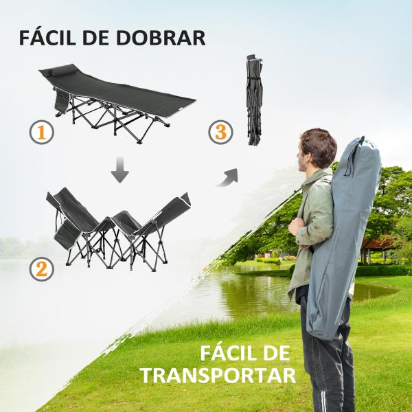 Cama de Campismo Dobrável com Almofada Bolso Lateral e Bolsa de Transporte 188x64,5x53 cm Preto e Azul Escuro