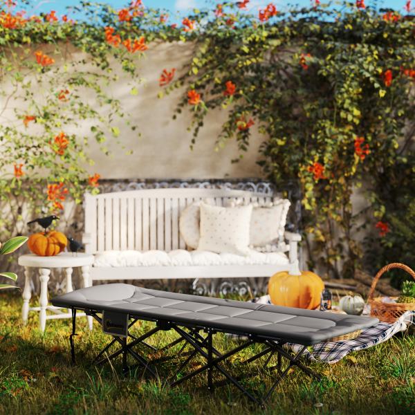 Cama Dobrável de Campismo Praia com Apoio de Cabeça e Bolso Lateral Suporta até 150 kg 187x67x37 cm Cinzento