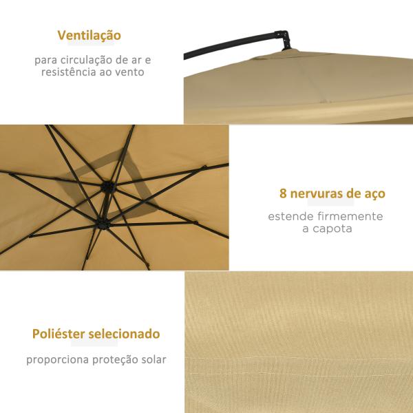 Chapéu de Sol de Jardim Chapéu de Sol Excêntrico com Rede Mosquiteira Manivela e Base Cruzada 295x295x260 cm Bege