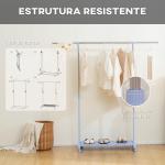 Charriot com Rodas com Barra de Aço Inoxidável e Prateleira para Sapatos Altura Ajustável 94 - 159x42x93 - 168 cm Azul