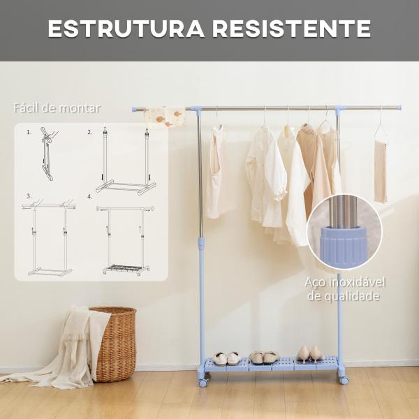 Charriot com Rodas com Barra de Aço Inoxidável e Prateleira para Sapatos Altura Ajustável 94 - 159x42x93 - 168 cm Azul