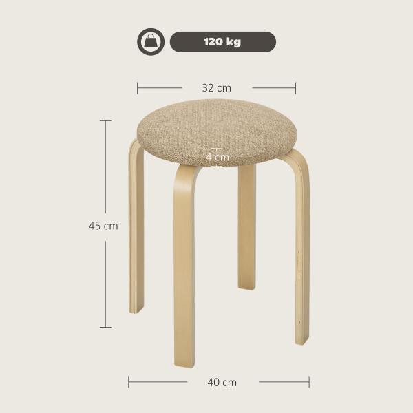 Conjunto de 4 Bancos Empilháveis Redondos Bancos Baixos de Cozinha com Assento Acolchoado Ø40x45 cm Caqui e Madeira