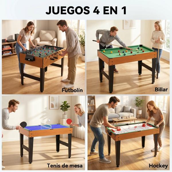 Mesa multijogos 4 em 1 com matraquilhos, bilhar, hóquei de mesa e ping - pong para crianças e adultos 107x61x84,5 cm natural
