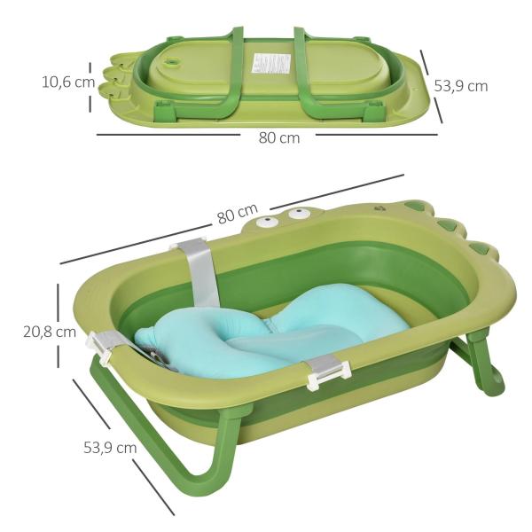 Banheira Dobrável para Bebé Recém Nascido até 3 Anos 50L com Almofada Confortável e Pés Dobráveis 80x53,9x20,8cm Verde