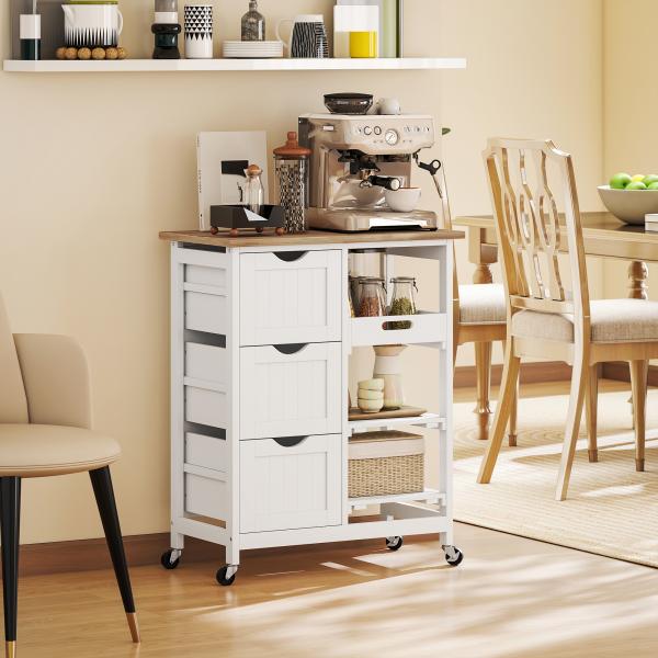 Carrinho de Cozinha com Rodas Carrinho de Serviço com 3 Gavetas 2 Prateleiras Abertas e Bandeja 67x37x85,5 cm Branco