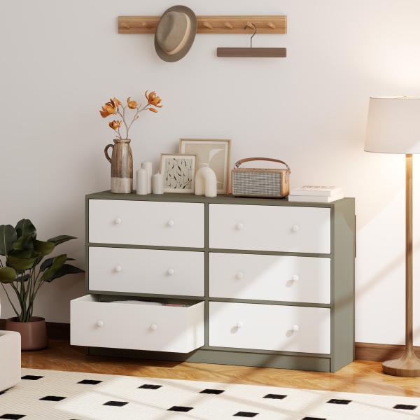Cómoda com 6 Gavetas de Tecido Cómoda para Quarto Estrutura de Aço e MDF 114x30x70 cm Branco e Cinza