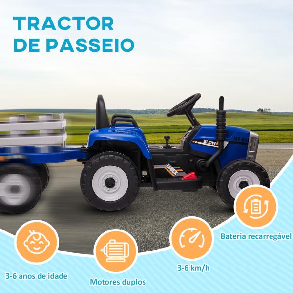 Trator Elétrico com Reboque Amovível com Controlo Remoto Música MP3 Luzes e Cinto de Segurança 136,5x50x52,5 cm Azul