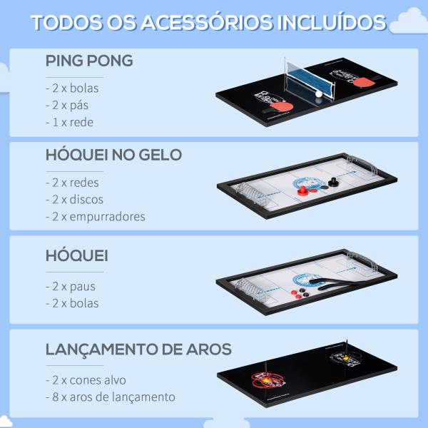 Mesa de Jogos 6 em 1 com Rodas Bilhar Matraquilho Ping Pong Lançamento de Anéis Hóquei com Bastão e Hóquei com Discos 120x88x79cm Multicor