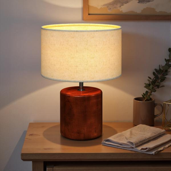 Candeeiro de Mesa Rústico com Base de Madeira Ecrã de Linho Interruptor Basculante E27 40W Ø20x27 cm Madeira e Bege