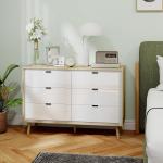 Cómoda 6 Gavetas Cómoda Quarto com Pernas de Madeira Estilo Moderno 110x40x75 cm Branco Brilhante e Carvalho