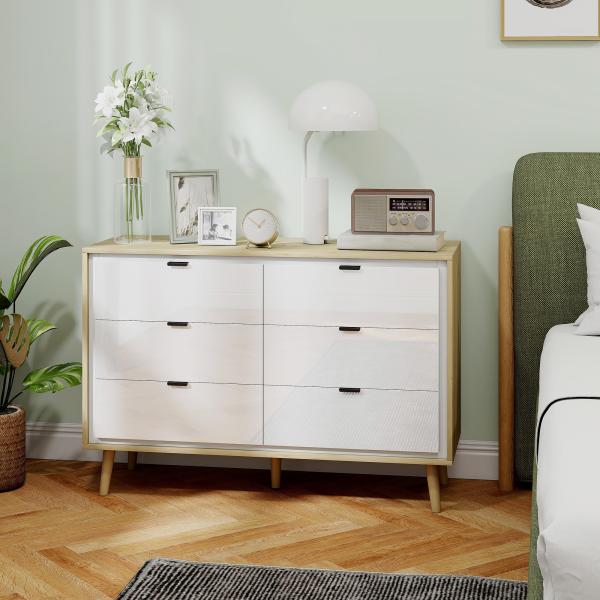 Cómoda 6 Gavetas Cómoda Quarto com Pernas de Madeira Estilo Moderno 110x40x75 cm Branco Brilhante e Carvalho