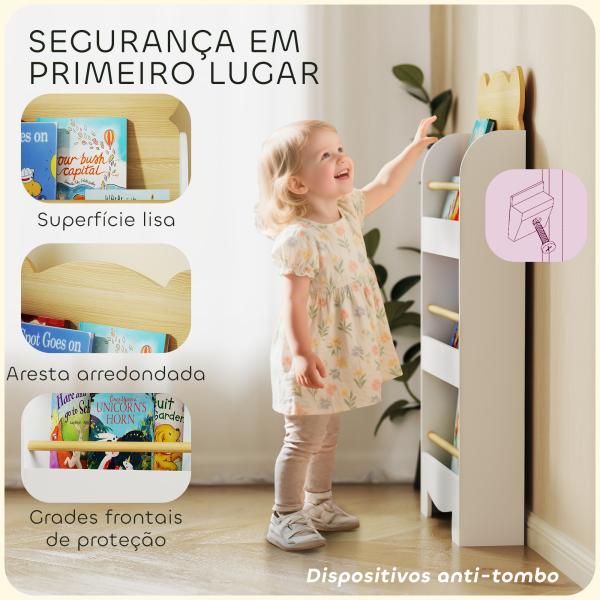 Estante Infantil de 3 Níveis Estante para Livros Infantil Desenho de Ursinho 55x15x110 cm Branco e Madeira