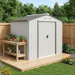 Abrigo de Jardim 213x130x185cm Abrigo de Jardim Metálico de Exterior com 2 Portas Deslizantes e 4 Janelas Branco e Cinza