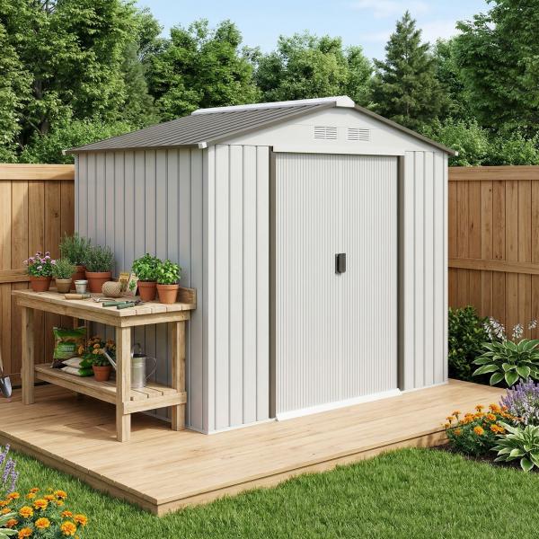 Abrigo de Jardim 213x130x185cm Abrigo de Jardim Metálico de Exterior com 2 Portas Deslizantes e 4 Janelas Branco e Cinza