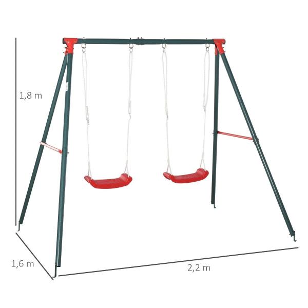Conjunto de Baloiços para Crianças com Suporte de Metal e Corda Ajustável 220x160x180 cm Verde e Vermelho