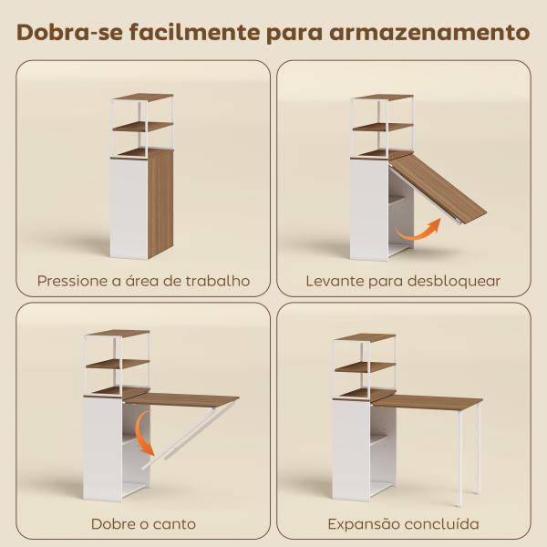 Secretária Dobrável com 4 Prateleiras para Espaços Pequenos Estúdio, Escritório em Casa 105x60x127 cm Madeira