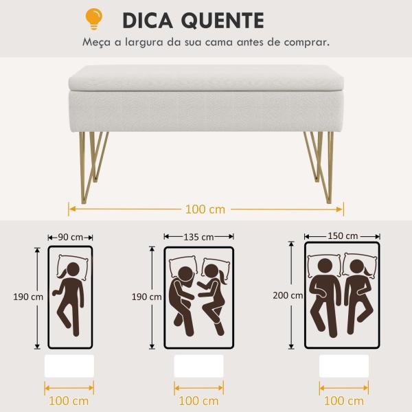 Banco para Pé de Cama Estofado em Tecido Sintético com Pernas de Aço e Assento Acolchoado 100x40x49 cm Creme