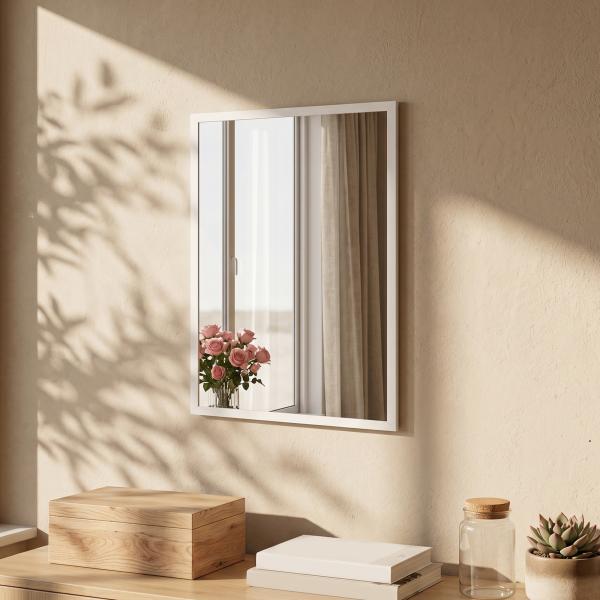 Espelho de Parede Decorativo 50x70 cm Espelho Retangular Espelho de Sala com 4 Ganchos Metálicos Estilo Moderno Branco