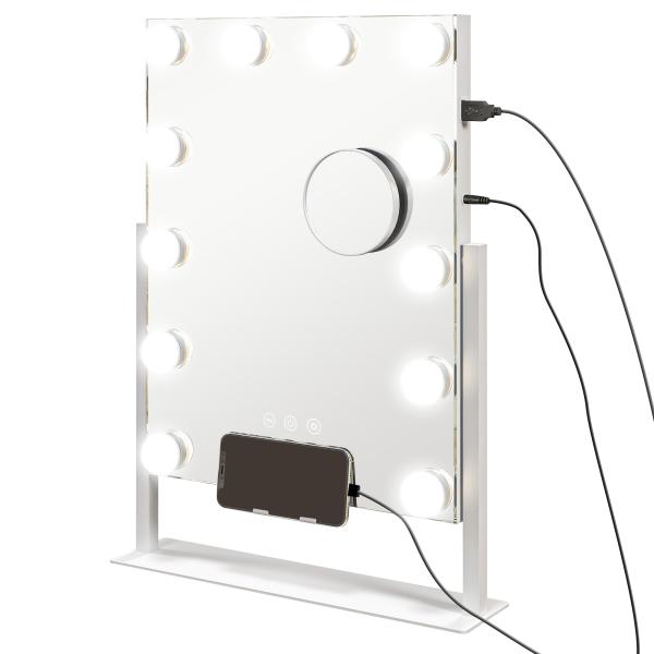 Espelho de Maquilhagem Estilo Hollywood com Luzes 12 Lâmpadas LED 3 Modos de Iluminação e Entrada USB 36,5x8,5x45,5 cm Branco