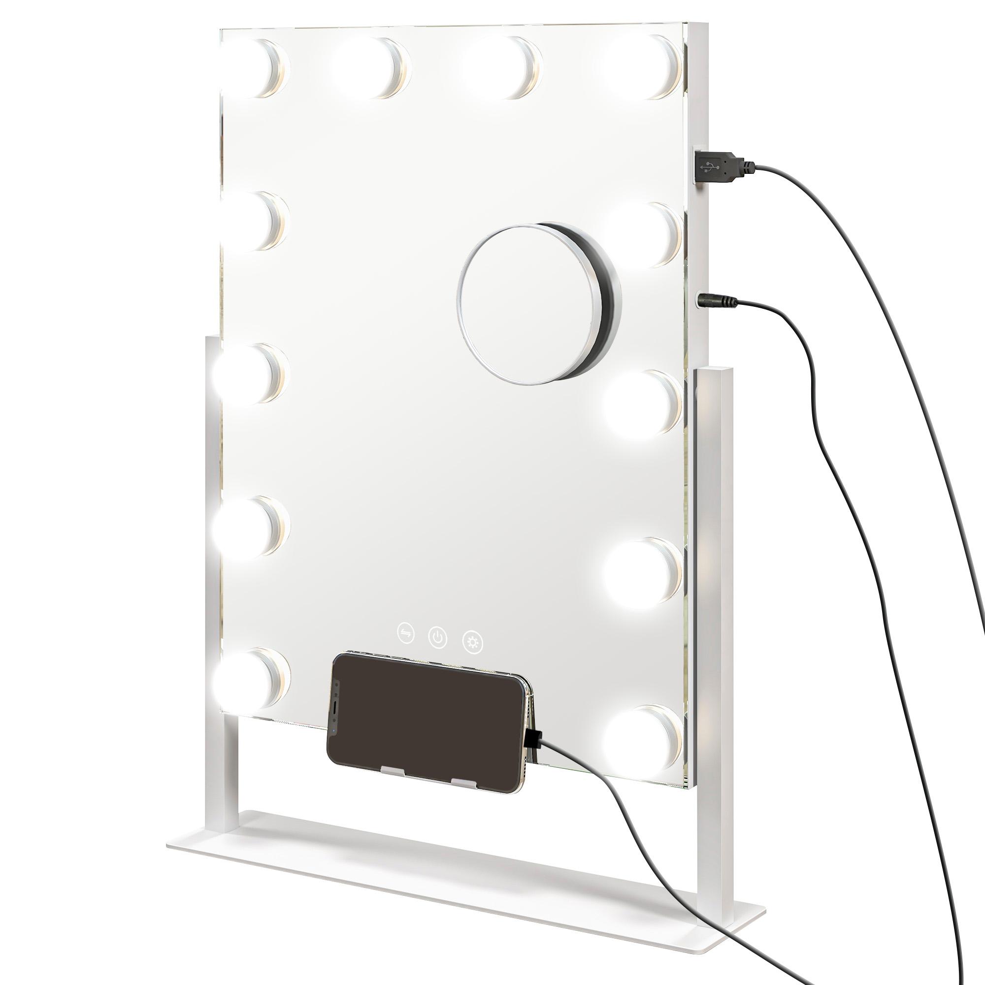 Espelho de Maquilhagem Estilo Hollywood com Luzes 12 Lâmpadas LED 3 Modos de Iluminação e Entrada USB 36,5x8,5x45,5 cm Branco