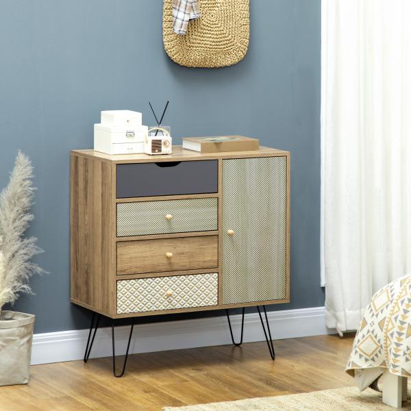 Cómoda de Madeira com 4 Gavetas Prateleira Ajustável e Pés de Metal para Sala de Estar Dormitório 79x39x86cm Marrom