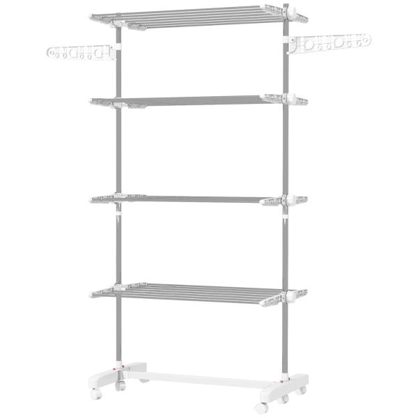Estendal de Roupa Dobrável 80x55x172cm com 6 Rodas e 4 Prateleiras com Altura Ajustável de Aço Inoxidável Prateado