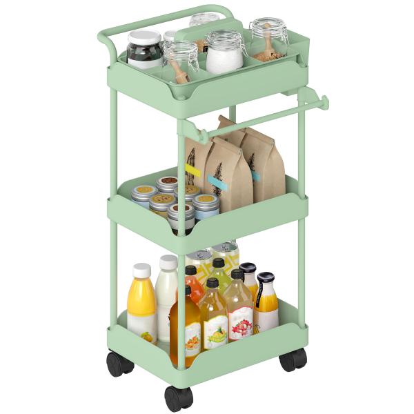 Carrinho Auxiliar com Rodas de 3 Níveis com Cestos Extraíveis Suporte para Toalhas e Estrutura de Metal 42x42,5x76 cm Verde