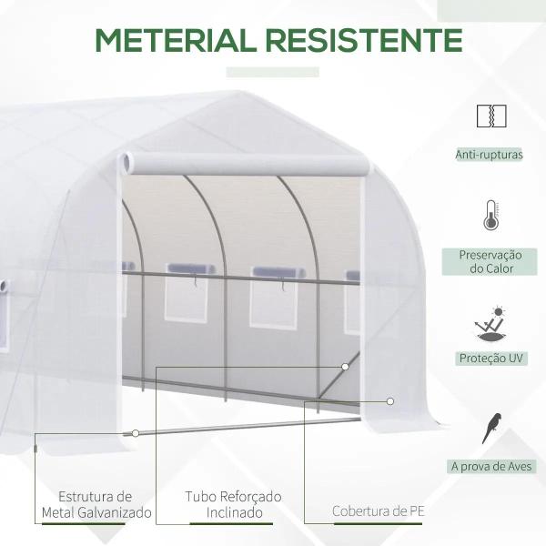 Estufa Tipo Túnel 595x300x200cm Estufa de Jardim Grande com 12 Janelas e Porta Enrolável com Zíper para Cultivo de Plantas Branco