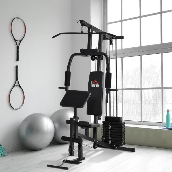 Máquina Multi Estação de Musculação Máquina de Musculação com Estribo para Pernas e Placas de Peso de 45kg para Treinamento Fitness em Casa Academia 148x108x207cm Preto