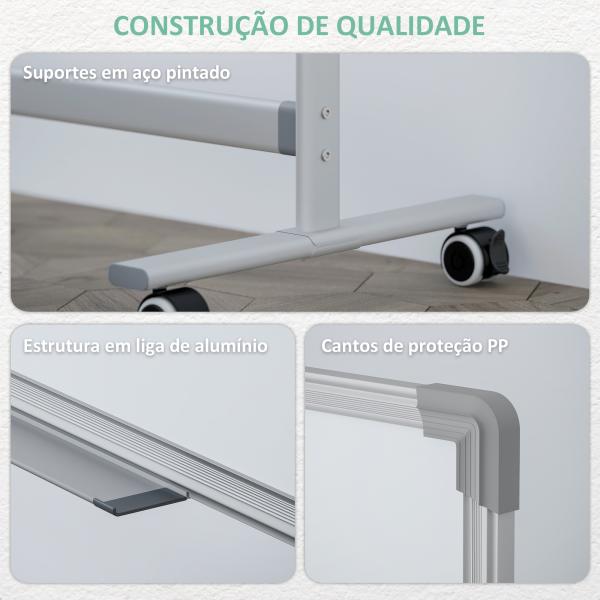 Quadro Magnético de Dupla Face 120x90 cm Quadro Branco Giratório com Suporte Ímanes Marcadores e Apagador Branco