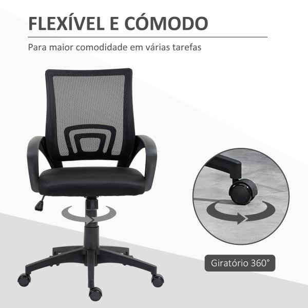 Cadeira de Escritório de Malha Giratória com Altura Ajustável Função Basculante e Apoio para os Braços 57x55x89 - 109 cm Preto