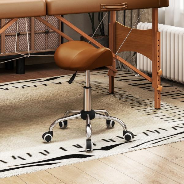 Banco Giratório com Rodas e Altura Ajustável para Estética, Dentista e Cabeleireiro – 52x53x49 - 61 cm, Castanho