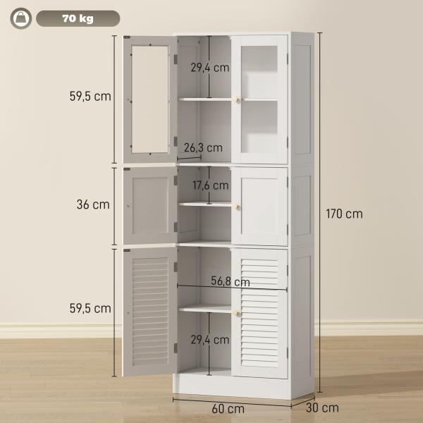 Armário de Casa de Banho Alto com Portas de Vidro Portas de Ripas e Prateleiras Ajustáveis 60x30x170 cm Branco
