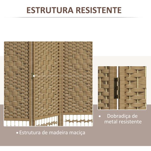Biombo de 4 Painéis Dobrável Separador de Ambientes de Corda de Papel e Estrutura de Madeira 60x170 cm Natural