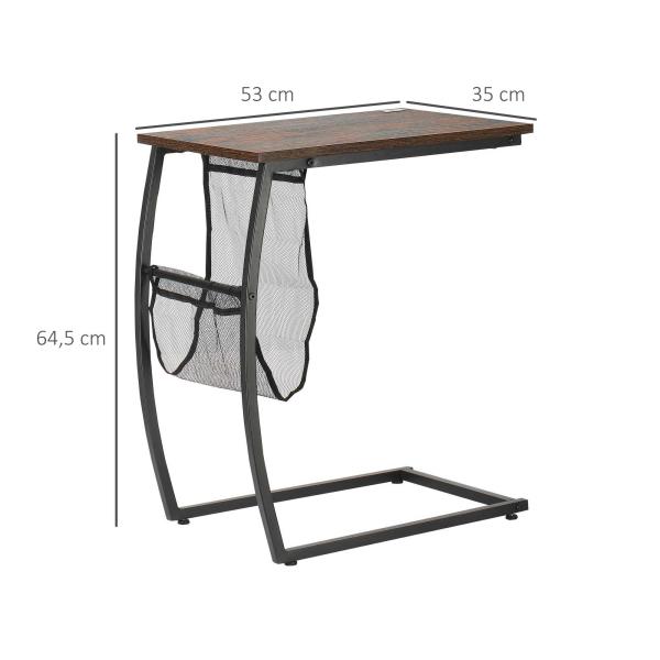 Mesa Auxiliar para Sofá e Cama em Forma de C com Bolso de Armazenamento Mesa Lateral de Estilo Industrial 52x35x64,5cm Marrom Rústico