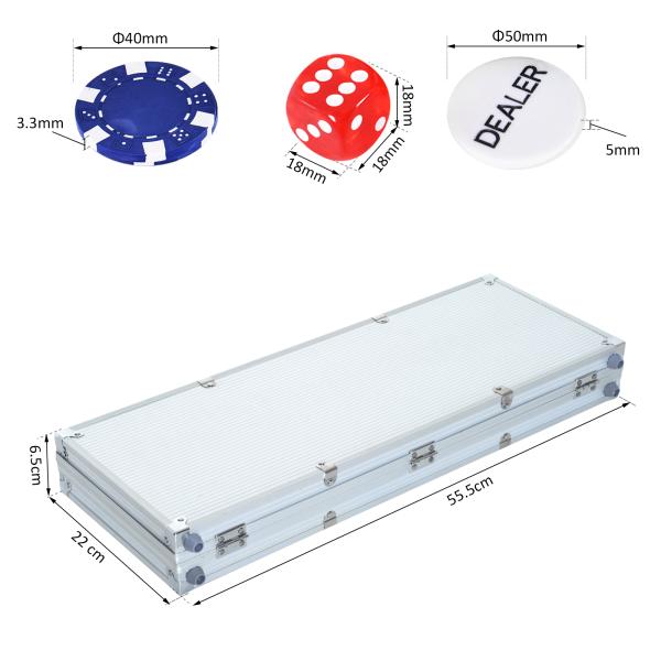 Mala de Poker Profissional com 500 Fichas Jogo de Poker com Mala de Alumínio 5 Dados 2 Baralhos de Cartas e 1 Ficha de Dealer 55,5x22x6,5cm Multicor