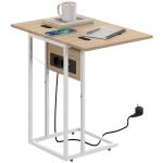 Mesa Auxiliar com Estação de Carga com Tampo Dobrável e Pés Ajustáveis 39x29x57 cm Branco e Madeira