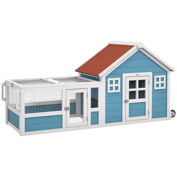 Coelheira Exterior de Madeira 162,5x59,2x77,6 cm Gaiola para Coelhos Grande com 2 Janelas Rodas Rampa e Teto Asfáltico Azul