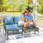 Conjunto de Jardim Exterior de Vime com Sofá de 2 Lugares, Chaise Longue e Mesa de Centro com Vidro Temperado Azul Claro