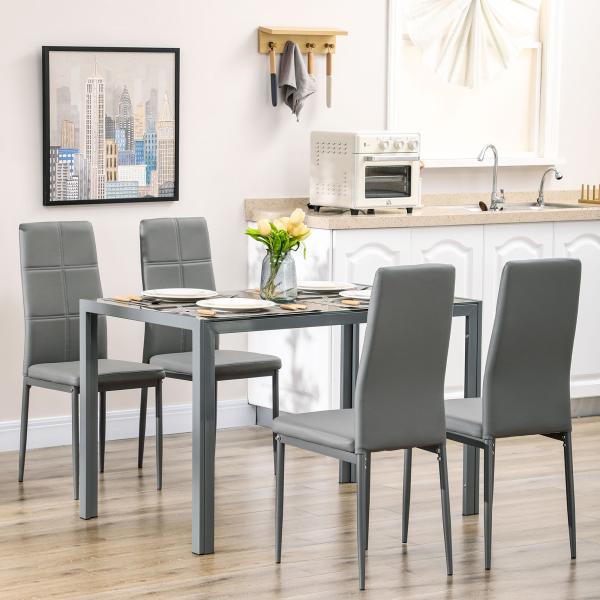 Conjunto de Sala de Jantar 5 Peças com Mesa Retangular de Vidro Temperado e 4 Cadeiras em PU Cinzento