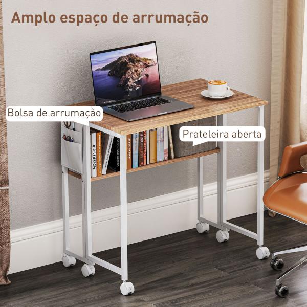 Secretária Dobrável com Rodas e Prateleira Mesa Secretária Compacta com Bolsa de Armazenamento 80x50x75 cm Madeira e Branco
