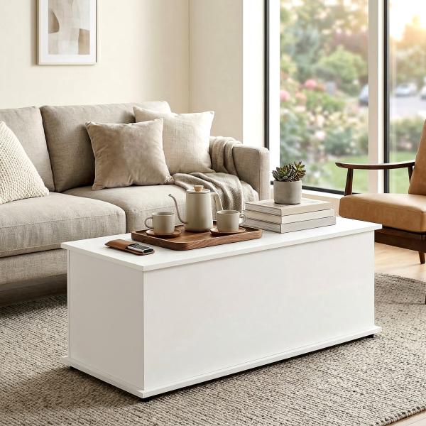 Baú de Armazenamento, Banco de Armazenamento com Dobradiça de Segurança, Estilo Moderno, para Entrada, Quarto, Sala de Estar, 100x40x40 cm, Branco
