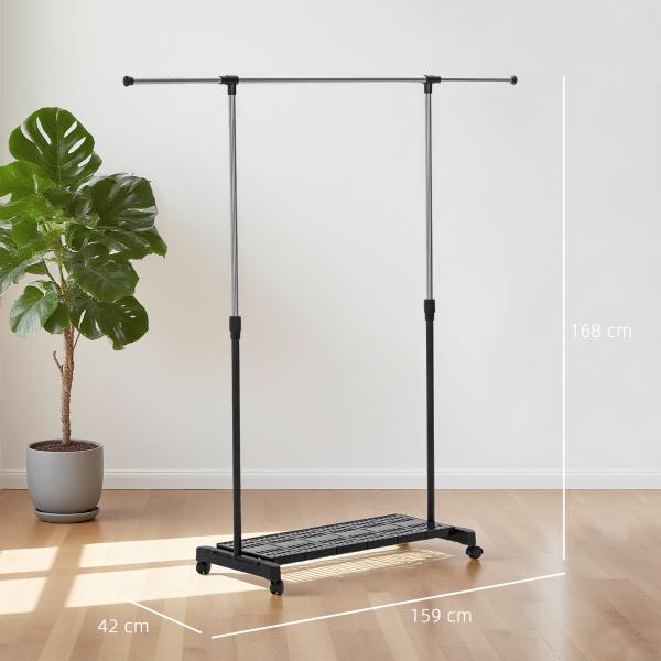 Charriot com Rodas com Barra de Aço Inoxidável e Prateleira para Sapatos Altura Ajustável 94 - 159x42x93 - 168 cm Preto