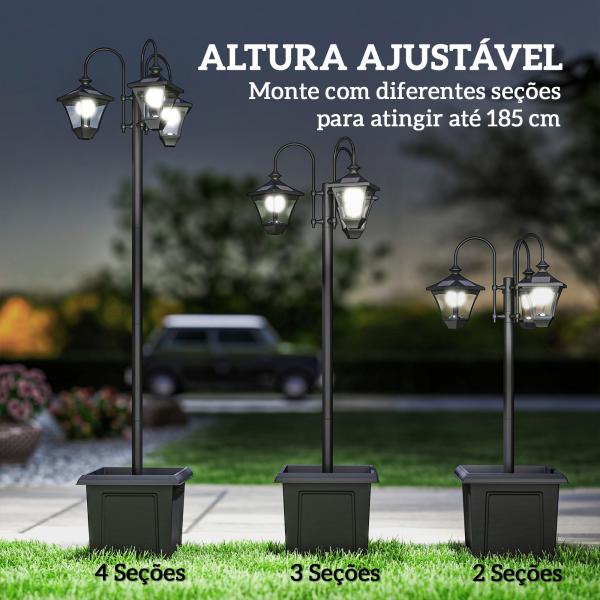Candeeiro Solar de Jardim com Floreiras 3 Cabeças Impermeável IP44 Ligação/Desligamento Automático e Altura Ajustável 52x52x185 cm Preto